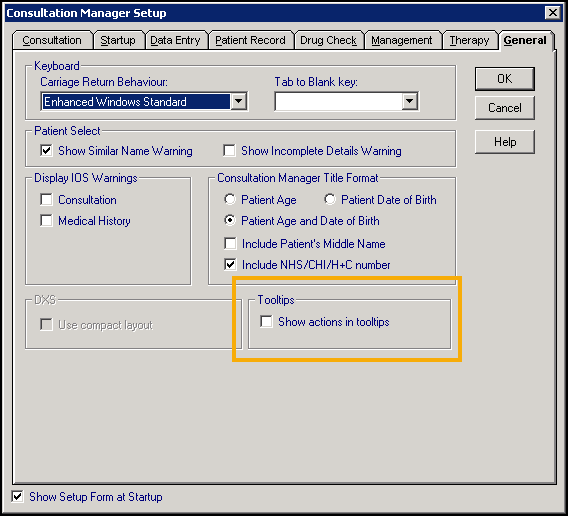 CM - Consultation - Options - Setup - General tab - Tool Tips