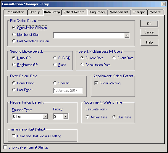 ConMgr - Consultation - Options - Setup - Data Entry tab